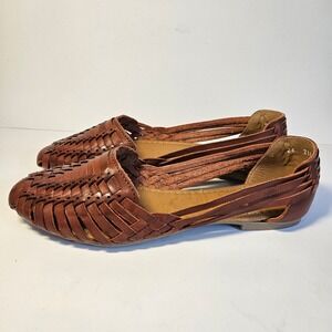 Macarena Collection Brown Leather Huarache Sandals Woven Flats Mexican Shoes 7M
